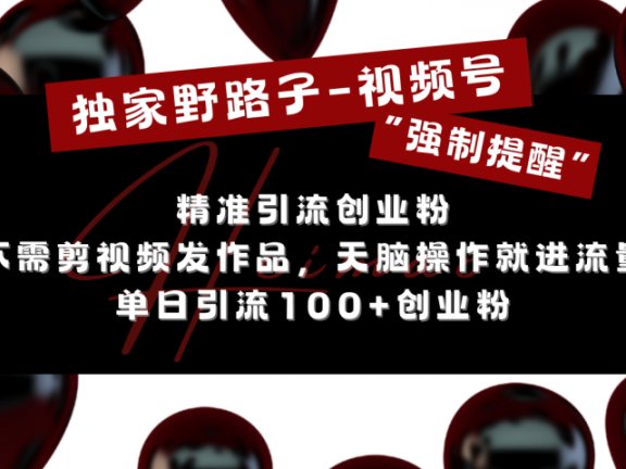 独家野路子利用视频号“强制提醒”,精准引流创业粉 不需剪视频发作品,无脑操作就进流量,单日引流100+创业粉